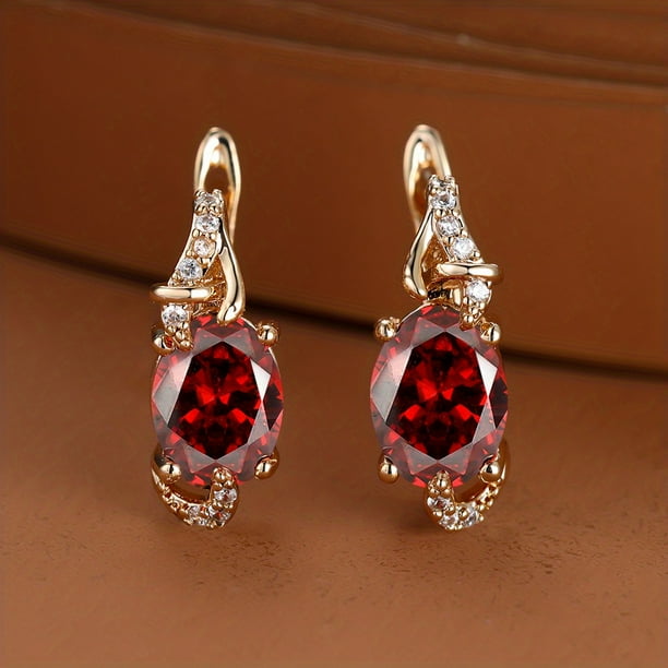 18K Gold Plated Blue Sapphire Stud Earrings - Trendy Women's Anniversary Jewelry with Oval Cut White Blue Red Pink Stones