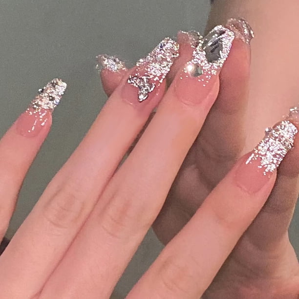 24 pcs Glossy Ballerina French Acrylic Nails with 3D Rhinestones - Medium Coffin Fake Nails for Women and Girls