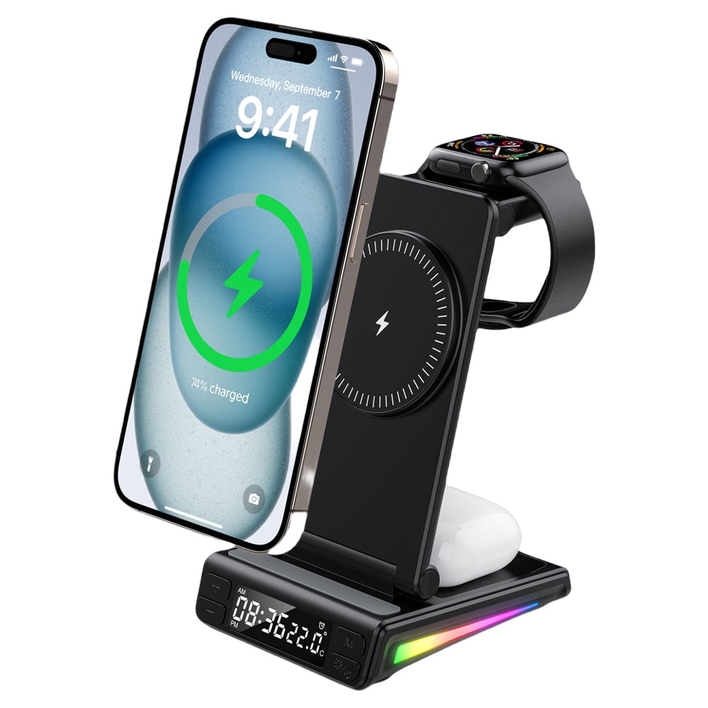 Genérico - Estación De Carga Inalámbrica Teléfono Móvil Reloj Auricular Cargador Con Despertador-negro