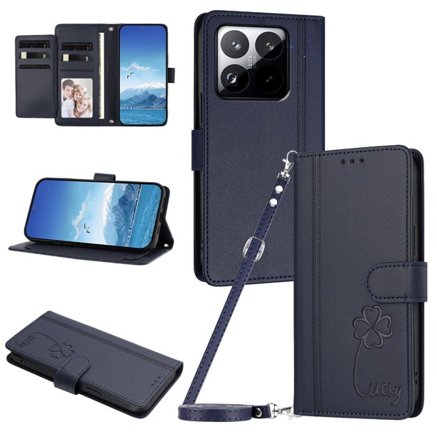 Funda Cartera Trébol para Xiaomi 15T con Ranuras Tarjetas y Carga Inalámbrica Azul oscuro