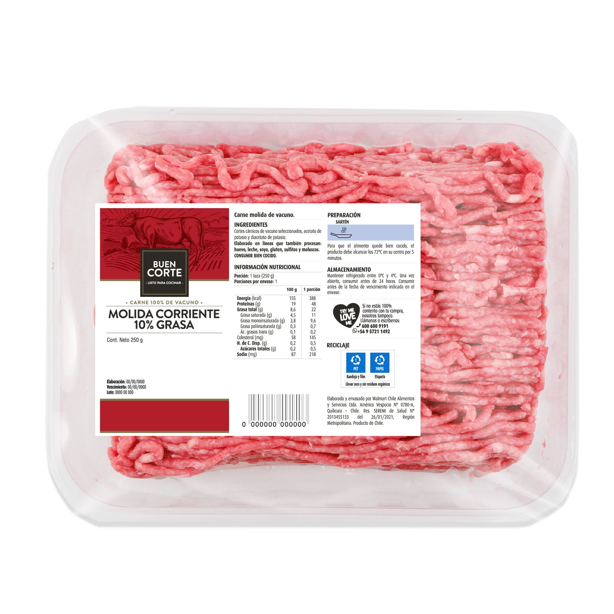 Carne De Vacuno Molida Corriente 10% Grasa Bandeja 250 g Buen Corte