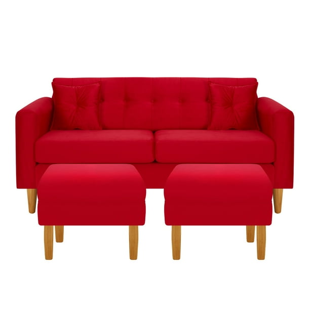 Sofa New Retro 3c + 2 Pouf Felpa 04 Rojo