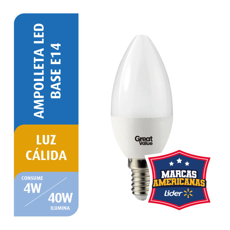 Ampolleta Led Mini Vela 4w Luz Cálida Base E14 1 Un Great Value