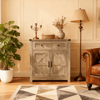 M&Ms - Light Gray-Washed Wood Farmhouse Barn-Door Storage Cabinet, Coffee Bar Buffet Sideboard With Drawer For Kitchen & Living Room