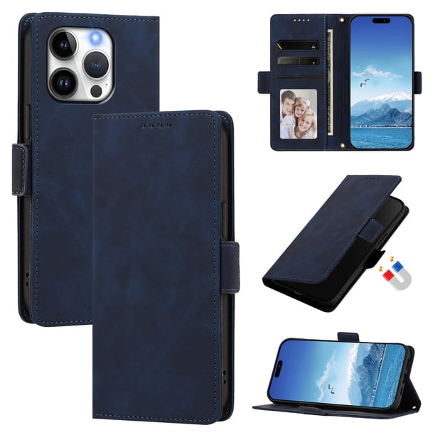 Funda Billetera Delgada para iPhone 14 Pro con Ranuras y Soporte Azul oscuro