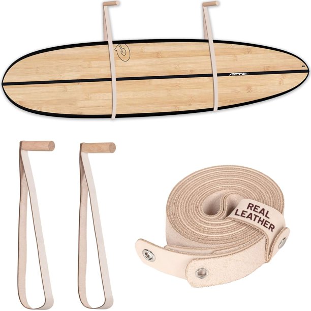 Soporte de pared para tabla de surf Hang 11 de roble y cuero, blanco, 70 libras (31 kg)