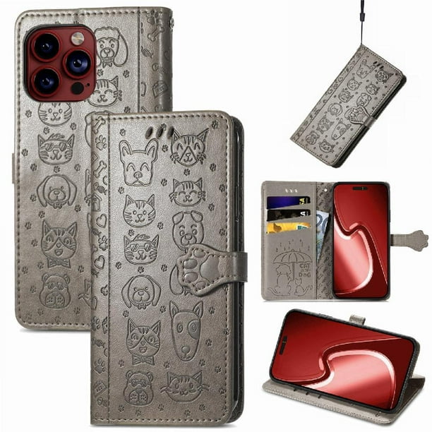 Funda Cartera FOXDOCK para iPhone 15 Pro , Flip PU con Relieve de Gatos y Perros, Tarjetero y Soporte