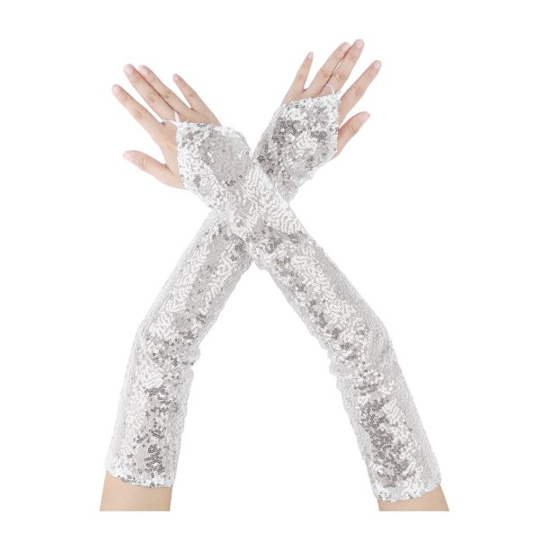 Mangas largas de gancho con lentejuelas sin dedos para mujer, guantes brillantes para cosplay, disfraz vintage, fiesta de ópera, danza, plata