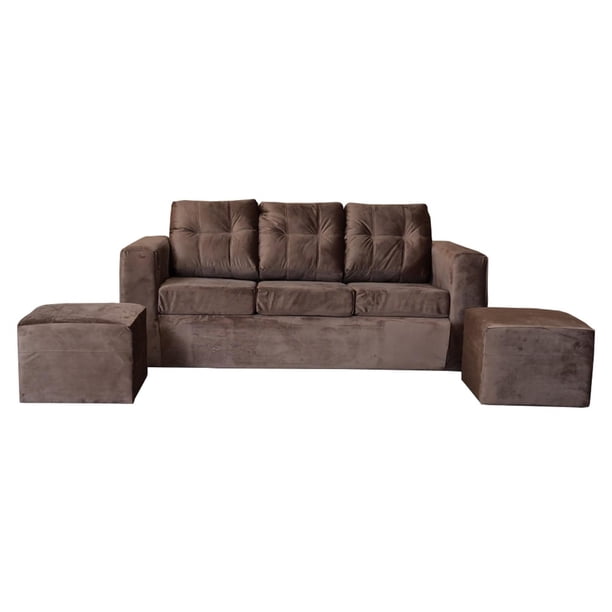 Sofá Nize 3 Cuerpos + 2 Pouf Felpa Café