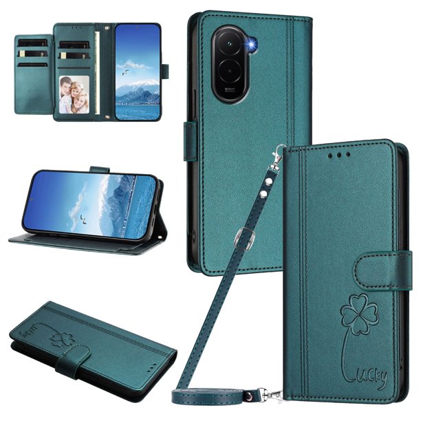 Funda Cartera Trébol para Xiaomi Poco M7 4G con Ranuras Tarjetas y Carga Inalámbrica Verde oscuro