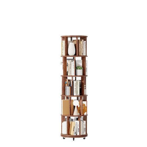 M&Ms - 100%Solid Wood Rotating Bookshelf On Wheels,5 Tier, Round Revolving Bookcase, 360° Spinning Book Shelf Tower For Kids, Narrow Rolling Bookshelves For Small Space, Corner, Bedroom, Office, Walnut
