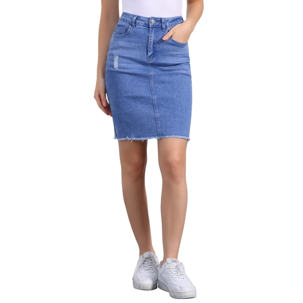 INSPIRE CHIC Faldas de Mezclilla para Mujer de Cintura Alta con Dobladillo Desgastado y Roto, Faldas Cortas de Jean Azul Brillante L