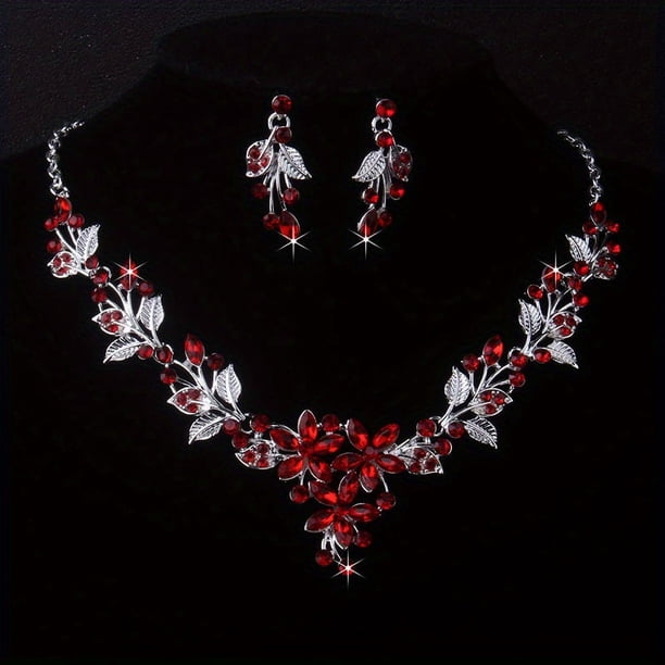 Bridal Jewelry Ladies Wedding Dress Wedding Accessories Royal Blue Leaf Shaped Flower Rhinestone Necklace Earring Set Wedding Set Chain Stage Performance Necklace