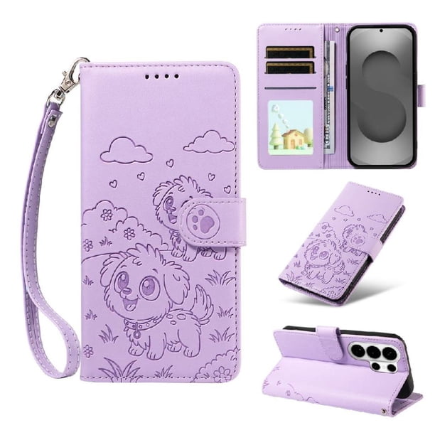 Funda Cartera para Samsung Galaxy S26 Ultra Perro Cachorro Grabado con Tarjetas Soporte Correa Morado