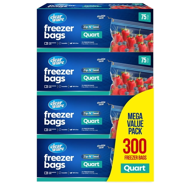 Bolsas para congelador CLEARWARE de un cuarto de galón, 300 unidades (4 paquetes de 75)