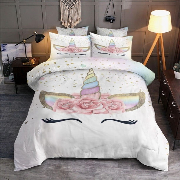 Cute Unicorn For Girlss Quilt Duvet Cover Set Children Pillowcase Kids3-Piece Bedding Set