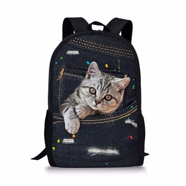 Black Denim Pocket Cat Student School Bag Kitten Printed Backpack Teenager Daily Casual Backpack Women Men Travel Rucksacks