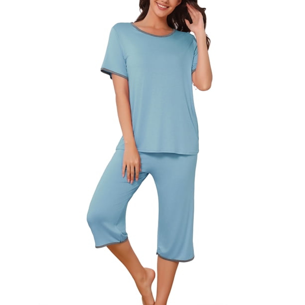 INSPIRE CHIC Conjunto de Pijama para Mujer de Manga Corta Modal Pantalones Capri M Azul