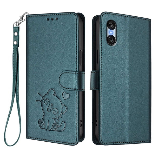 Funda Volteable con Diseño de Gato para Sony Xperia 10 VI, Verde Oscuro