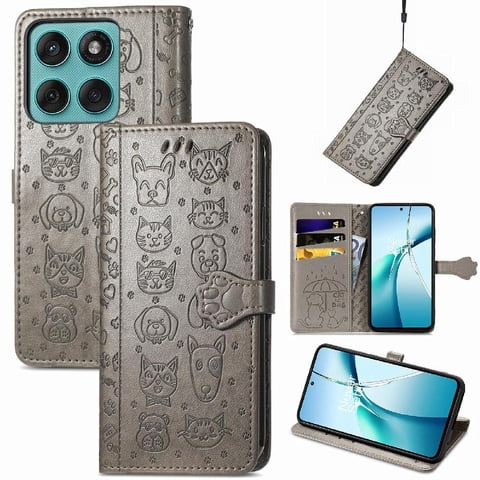 Funda Cartera Foxdock Para Motorola Edge 60 Fusion , Flip Pu Con Relieve De Gatos Y Perros, Tarjetero Y Soporte