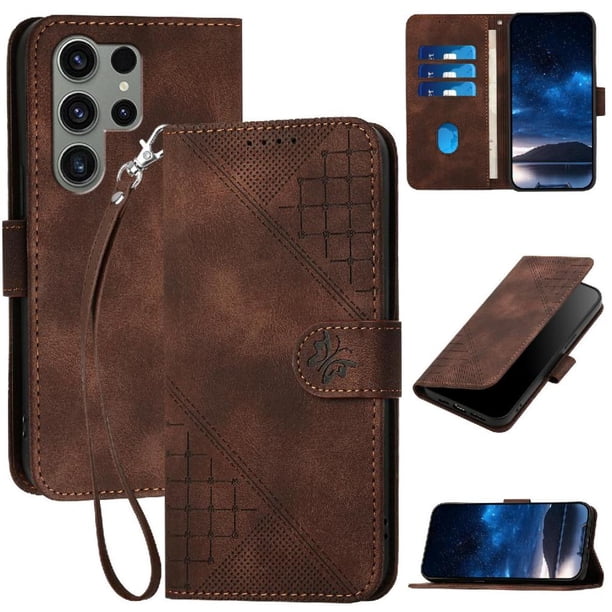 Funda Flip Premium Fibra de Carbono para Samsung Galaxy S23 Ultra con Soporte y Cierre Marrón