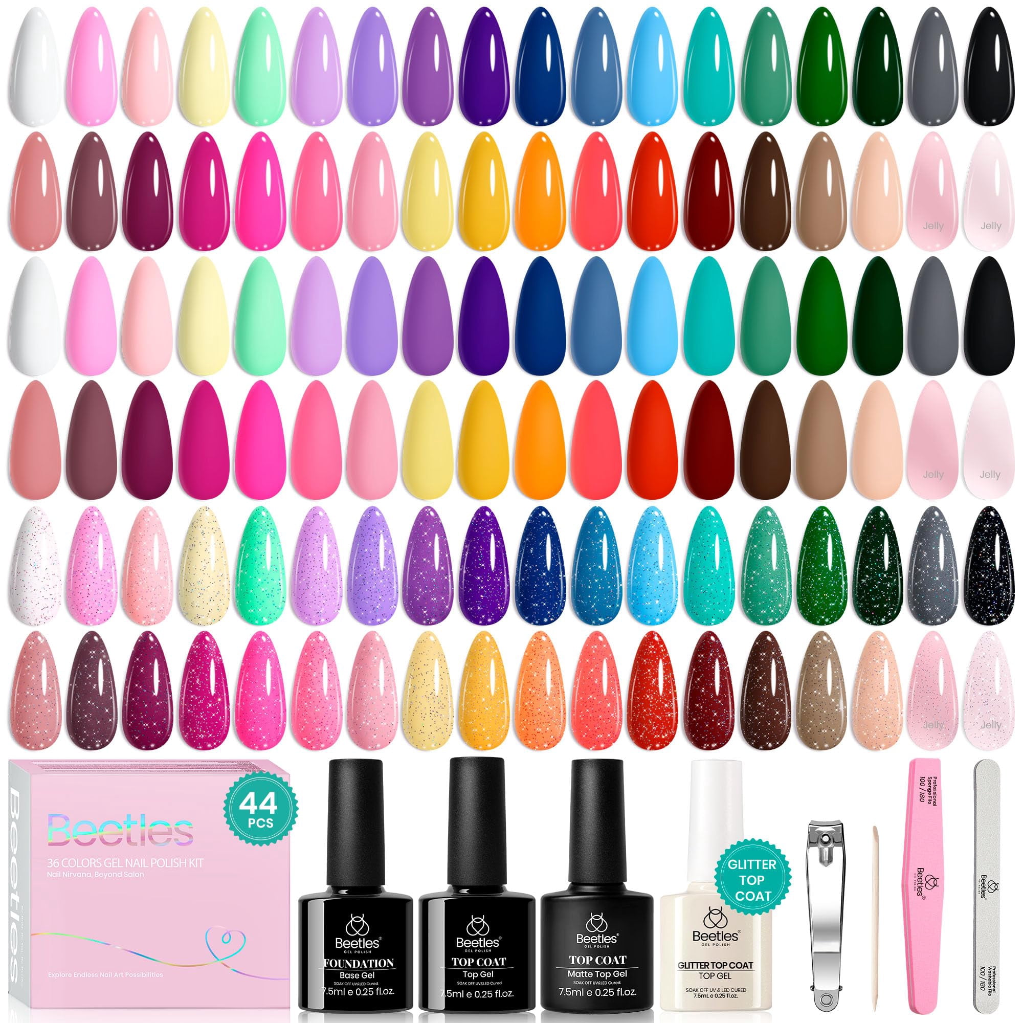 Beetles Gel Polish - Set De Esmaltes De Uñas En Gel Beetles, 44 Unidades, 36 Colores
