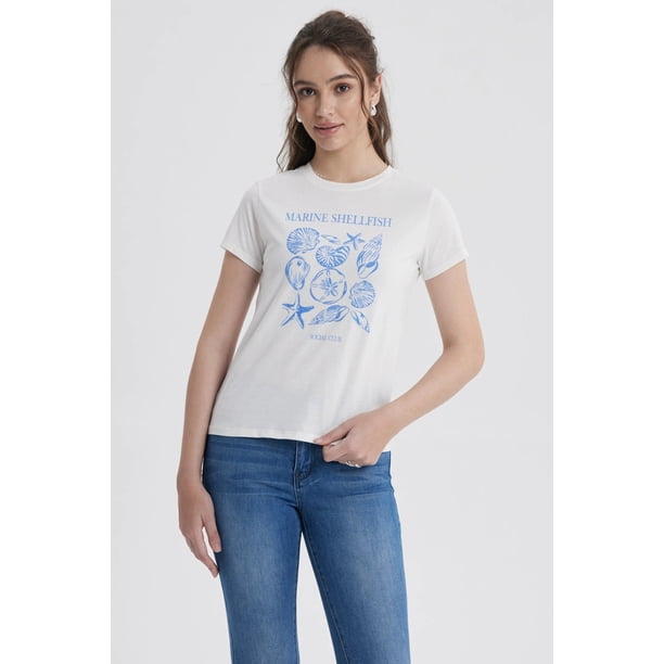Polera Mujer Básica Print Diseño Crudo/Celeste
