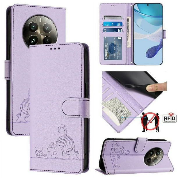 Funda tipo cartera FOXDOCK para Realme 12 pro 5G con soporte, ranuras, RFID, diseño de gato