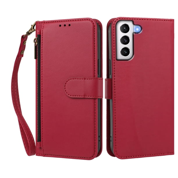 Funda Tipo Billetera para samsung galaxy S21 con Soporte y Bolsillo con Cierre Rojo