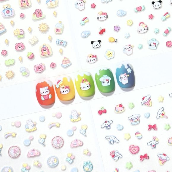 Pegatinas para uñas Okiyomi Kawaii 3D – 4 hojas, 274 diseños