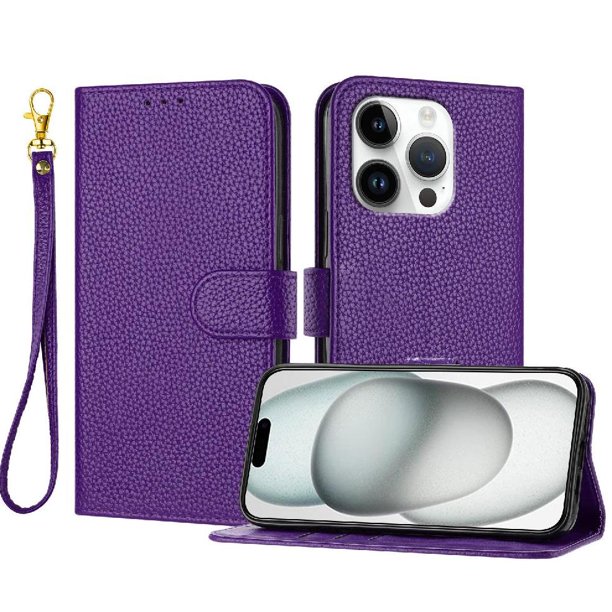 Funda Cartera para iPhone 16 Pro Tarjetero Soporte Magnético y Correa Morado