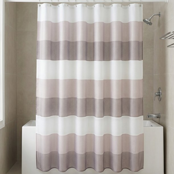 REGALWOVEN Juego de Cortinas de Ducha con Rayas de Waffle, Cortina de Baño de Tela Texturizada Impermeable con 12 Ganchos para Decoración de Baño Gris 71"W x 71"L