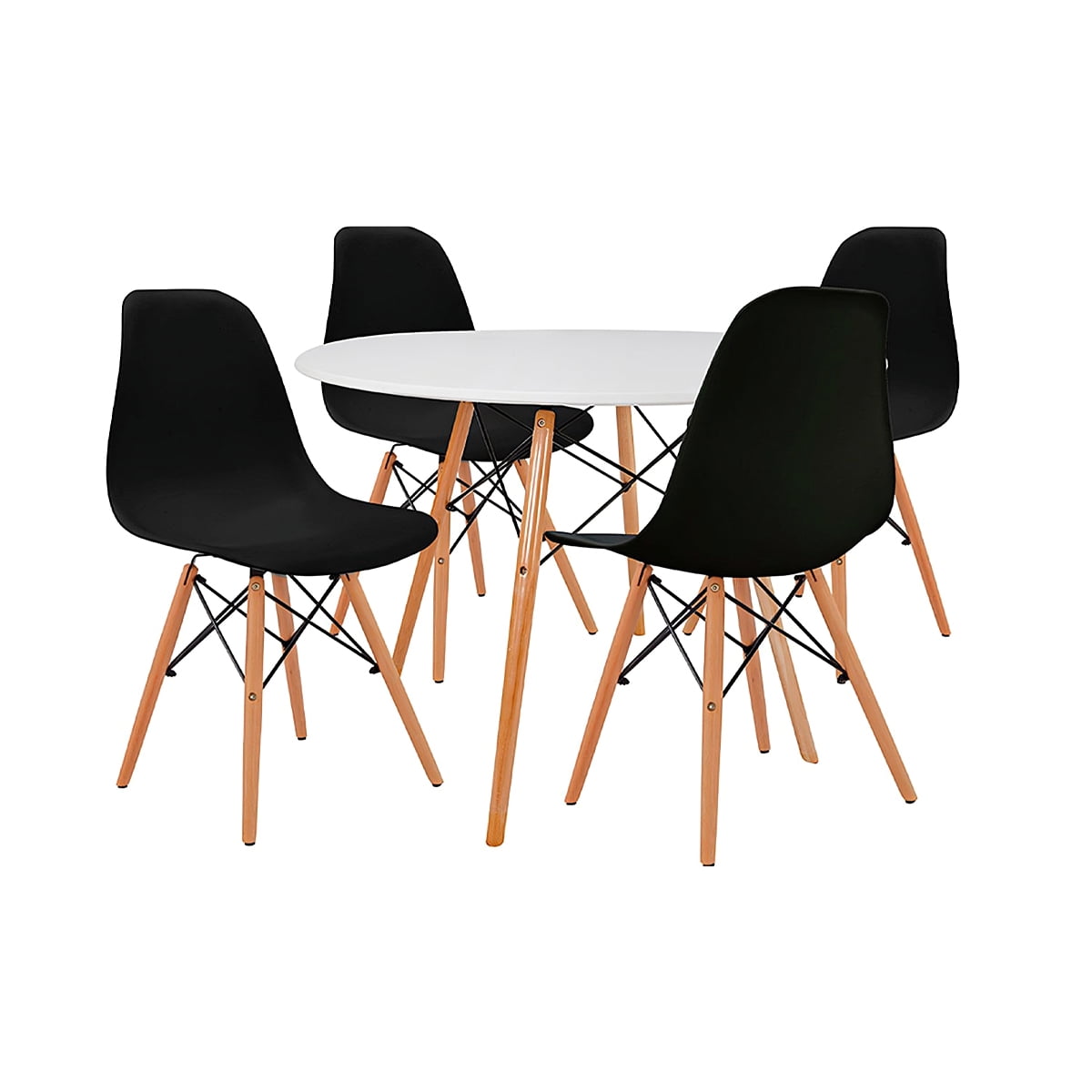 Comedor Mesa Eames Redonda Blanca 80Cm + 4 Sillas Eames Negras