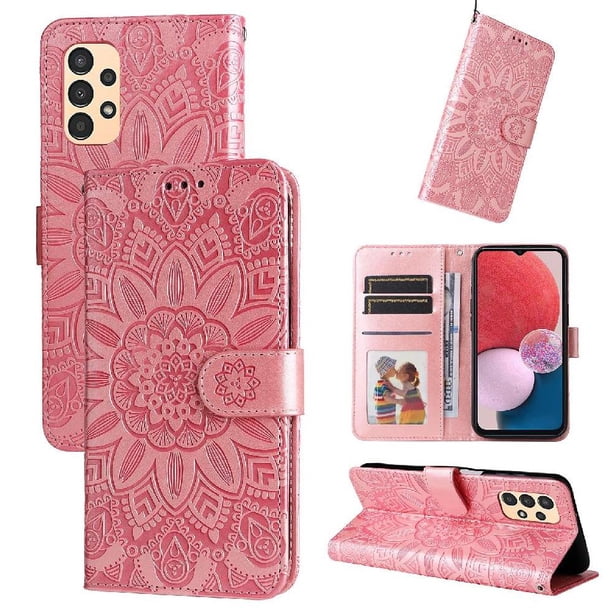 Funda tipo cartera FOXDOCK para Samsung Galaxy A13 4G , diseño girasol en relieve, cuero PU, cierre magnético, soporte y tarjetero
