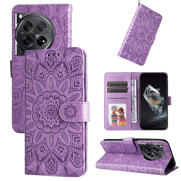 Funda tipo cartera FOXDOCK para OnePlus 12 , diseño girasol en relieve, cuero PU, cierre magnético, soporte y tarjetero
