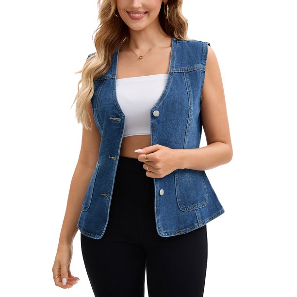 INSPIRE CHIC Chaleco de regreso a clases para mujer, chaleco de mezclilla con cuello en V, bolsillos con parche, botones, sin mangas, chaqueta de jean 2XL azul oscuro