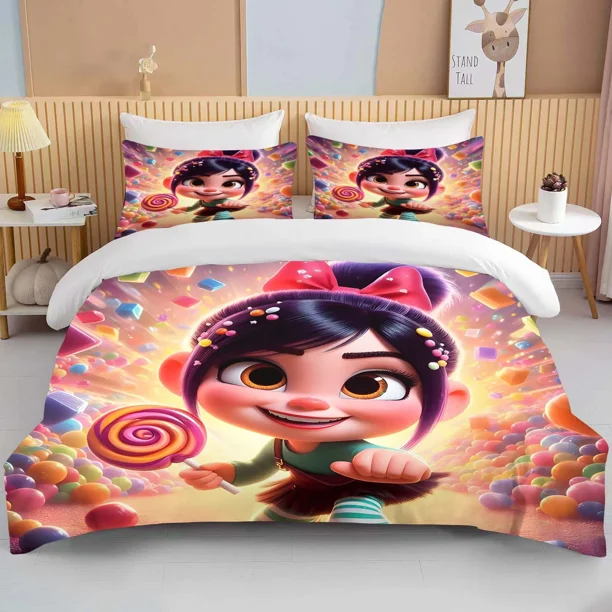Vanellope Princess Print 3PC Soft Bedding Set Duvet Cover Adult Kids Anime Quilt Cover Full Size Birthday Gift Bed Sheets
