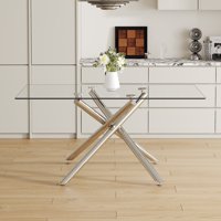 M&Ms - Large Modern Minimalist Rectangular Glass Dining Table With 0.39"" Tempered Glass Tabletop And Silver Chrome Metal Legs, For Kitchen Dining Living Meeting Room Banquet Hall,63''X35''X 29''W1151S00191