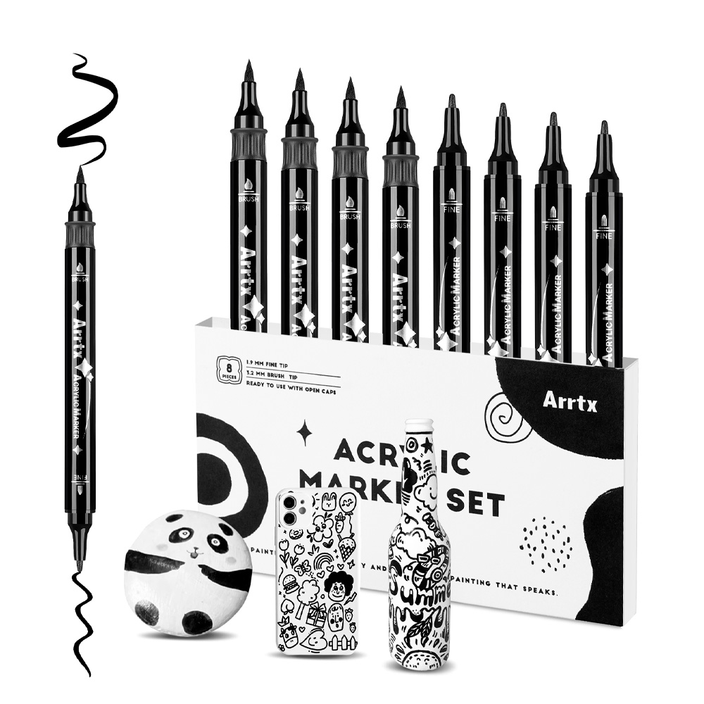 Arrtx - 8 Marcadores De Pintura Acrílica De Doble Punta Negro