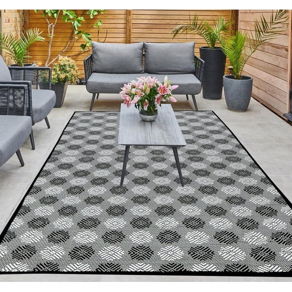 Tapete para exterior ARSUK para patio (150 x 100 cm) resistente a la intemperie, negro/blanco