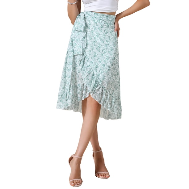 FALDA MIDI FLORAL ENVOLVENTE PARA MUJERES REFINED ATTIRE, HEM ASIMÉTRICO, CINTURA ALTA, FALDAS CON VOLANTES PARA PLAYA, VERDE L