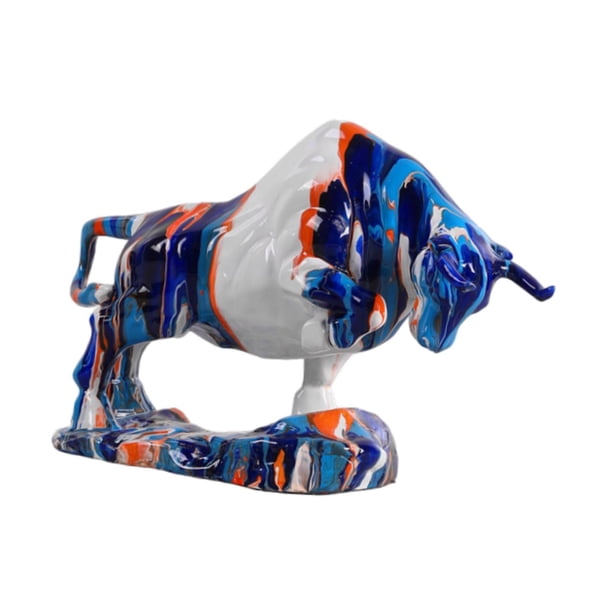 Estatua De Ganado Con Detalles Vívidos, Figura De Toro De Resina Para Estante, Sala De Estar, Interior, Azul Y Blanco