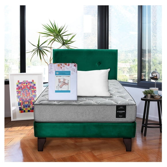 Combo Cama Cannon 1 1/2 Plaza Textil + Respaldo Tela Verde