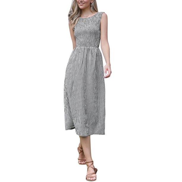 INSPIRE CHIC Vestido de línea A a cuadros para mujeres con cuello redondo sin mangas y fruncido, vestido midi fluido de verano con bolsillos XL Negro