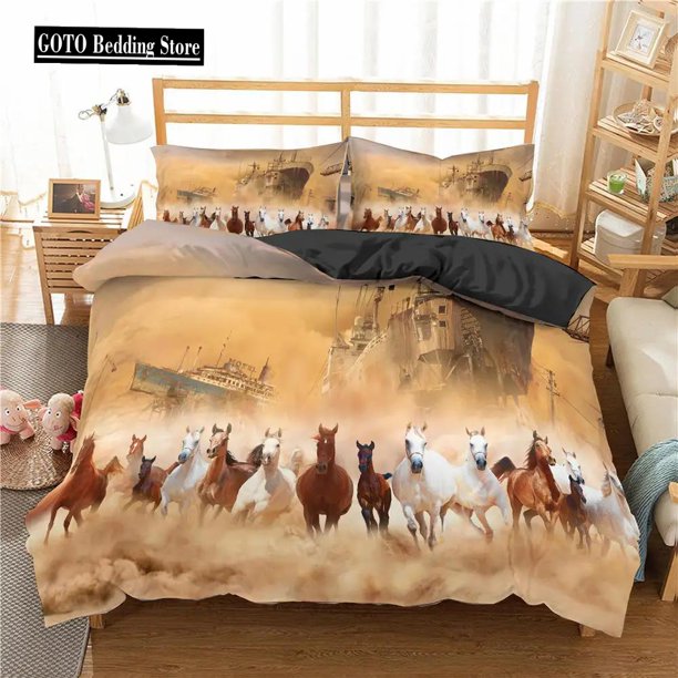 x226 Bed SheetsCherry Blossoms Horse Comforter Cover Bedding Sets for Grassland Animals Quilt Cover Set High Quality Microfiber 3-Piece Bedding Set (1 Duvet Cover + 2 Pillow Shams) nj226