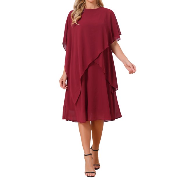 INSPIRE CHIC Vestidos de Otoño para Mujer con Capa de Gasa Superpuesta Cuello Redondo Asimétrico Volante Formal Vestido Midi para Invitada de Boda M Vino Rojo