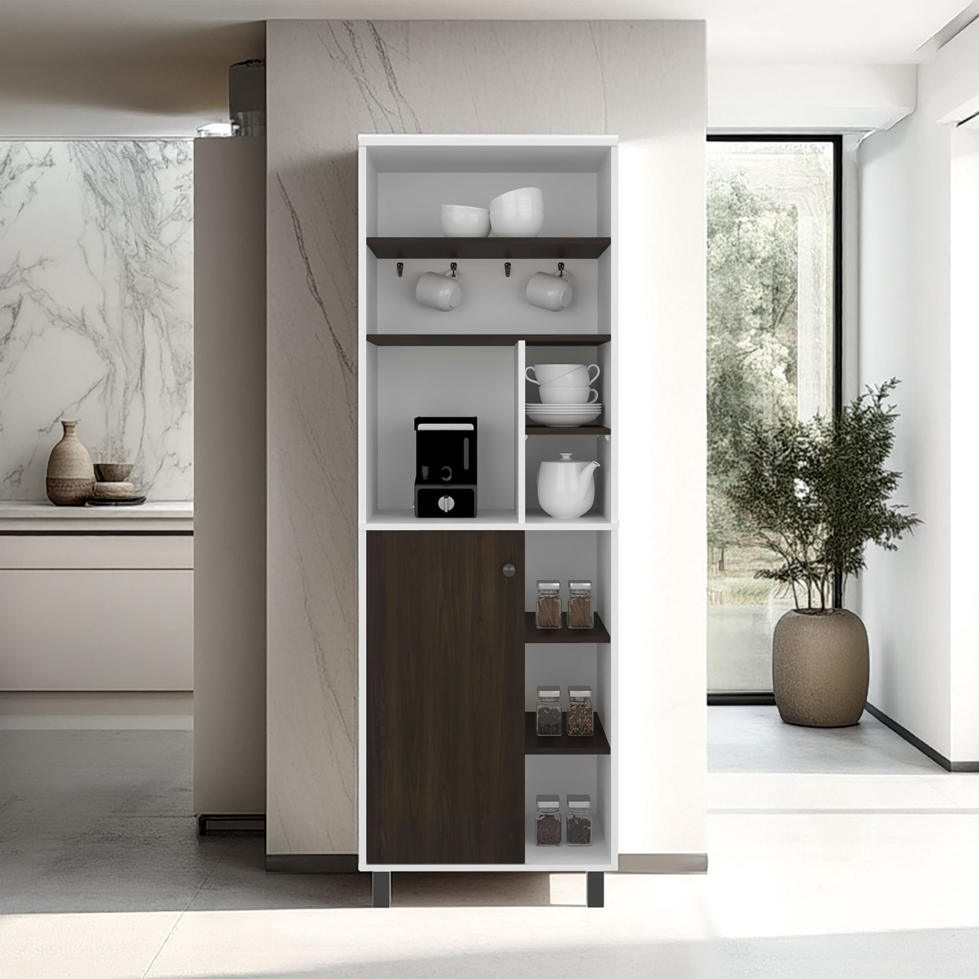 Tuhome - Estación De Café 1 Puerta Carajillo 180x60x39,8 Cm Blanco Y Nogal