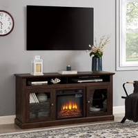 M&Ms - Contemporary Tv Media Stand Modern Entertainment Console With 18"" Fireplace Insert For Tv Up To 65"" With Open And Closed Storage Space, Brown, 60""W*15.75""D*29""H