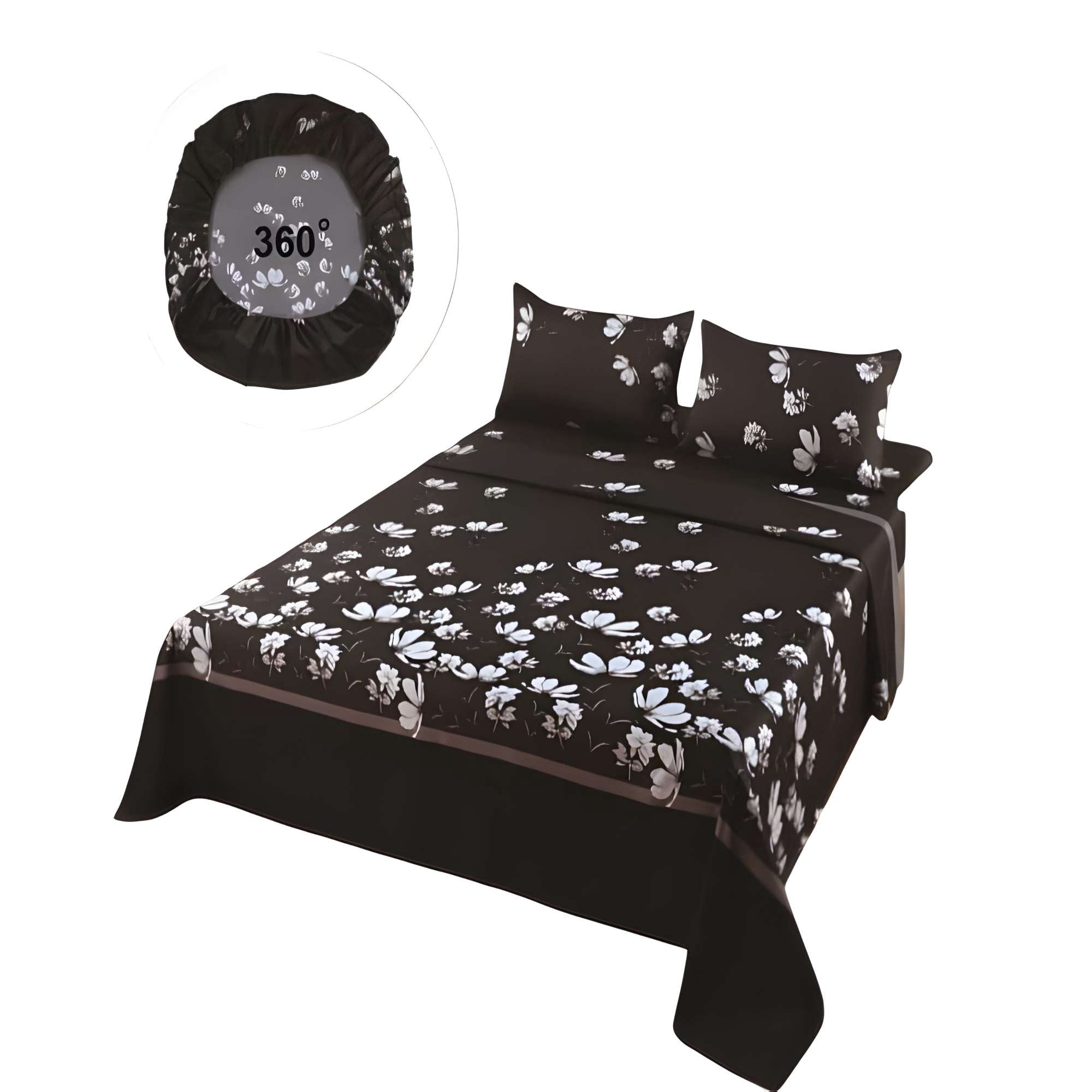 Casa Sol - Set De Sabanas Diseño Flores 2 Plazas Negro