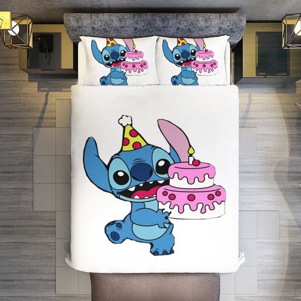 Happy Birthday Stitch Cake 3 Pieces Duvet Cover Set Full Size Super Soft Fade Resistant Microfiber